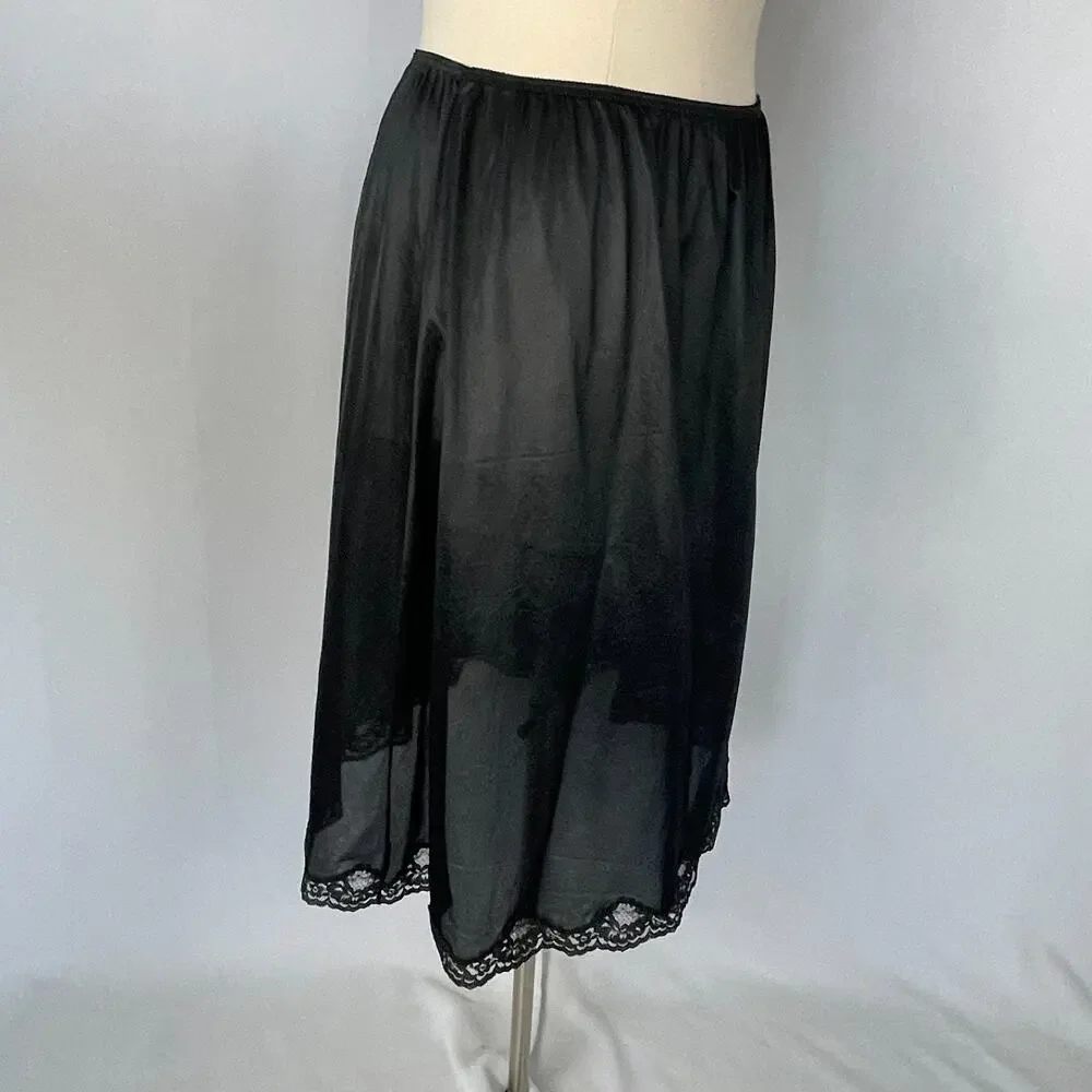 Half Slip Skirt Plus Size 22 24 Black Solid Nylon Satin Lace Trim Lingerie Vtg